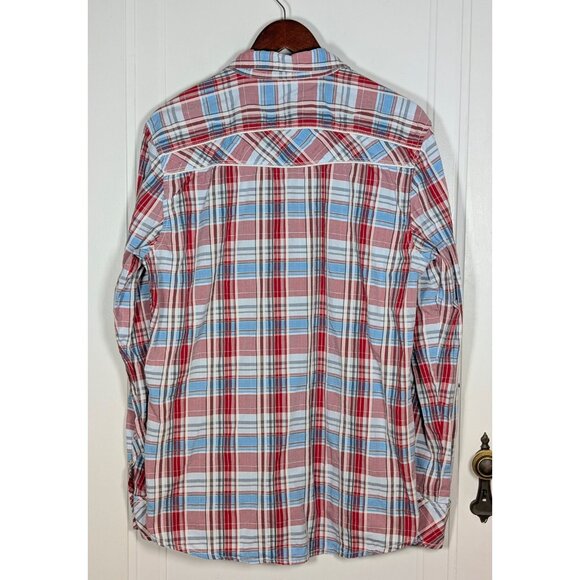 BKE Plaid Pearl Snap Long Sleeve Shirt Mens Large Blue Red Western Y2K Buckle - Picture 2 of 4